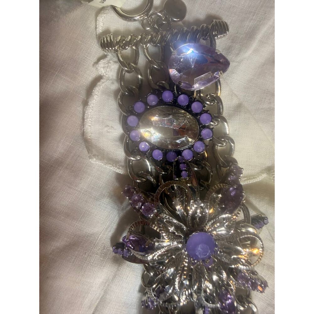 Purple Rhinestone Statement Bracelet Silver Tone Chunky Floral Link Bracelet